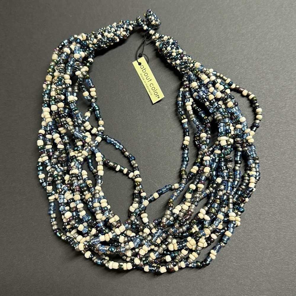 15-Strand Blue & Cream Beaded Necklace